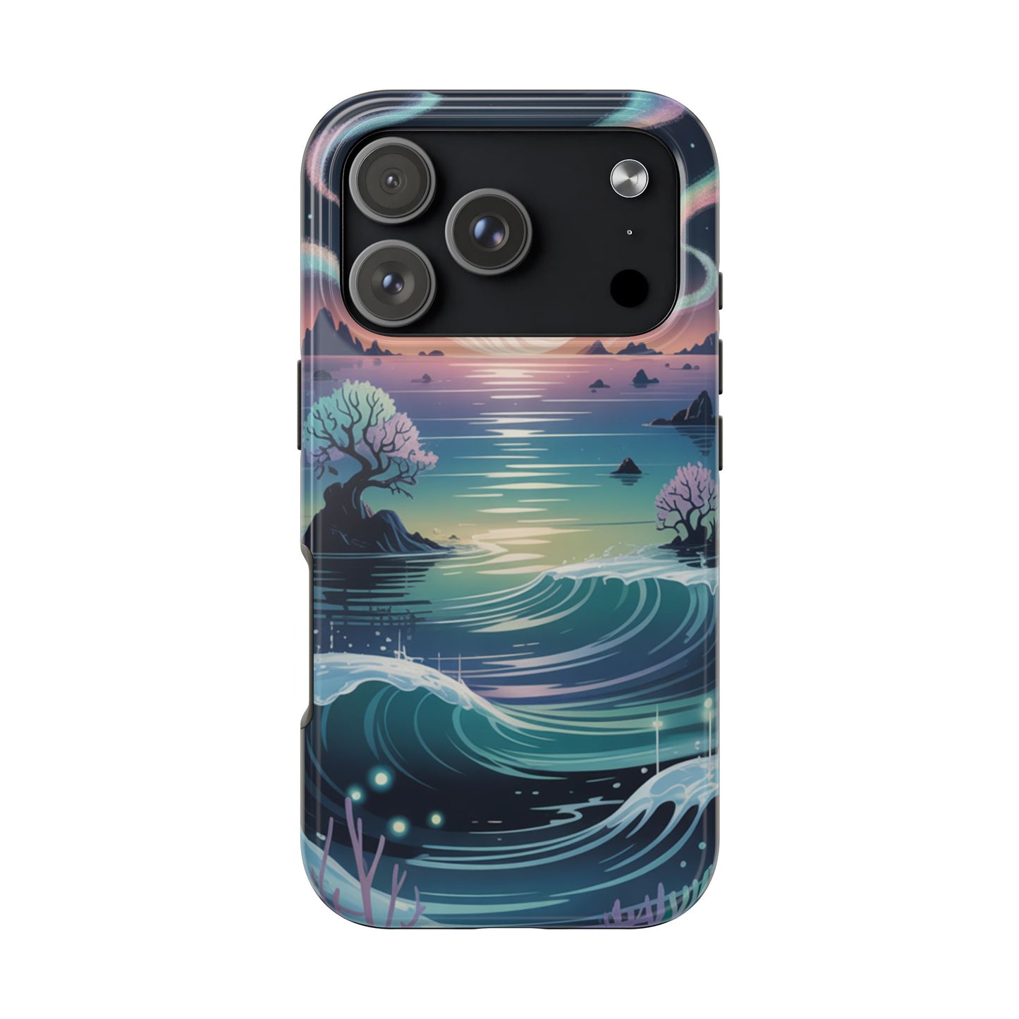 Moonlit Ocean Waves Phone Case | Coastal Nightscape, Sakura Trees