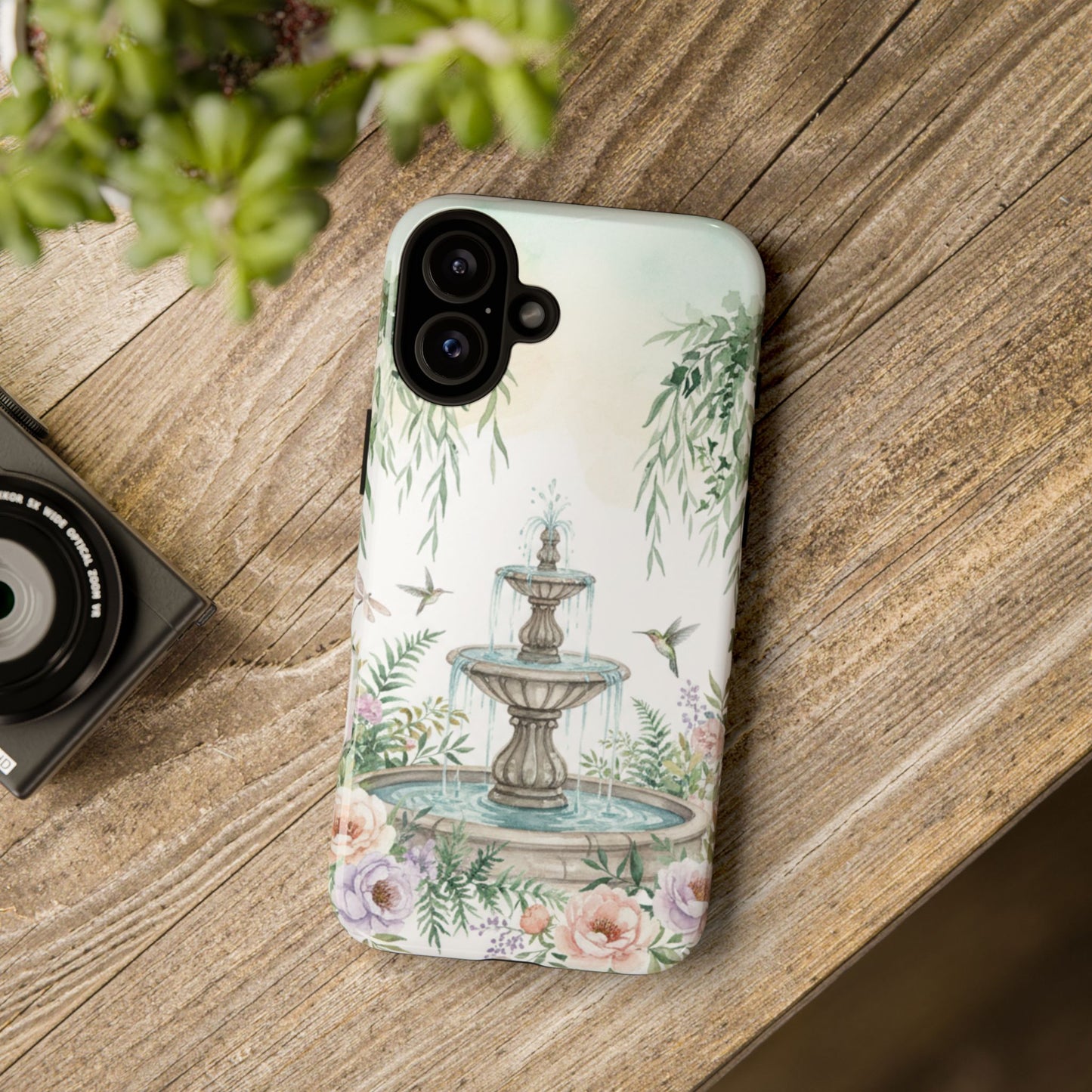 Floral Garden Fountain Phone Case — Pastel Hummingbird Protective Cover