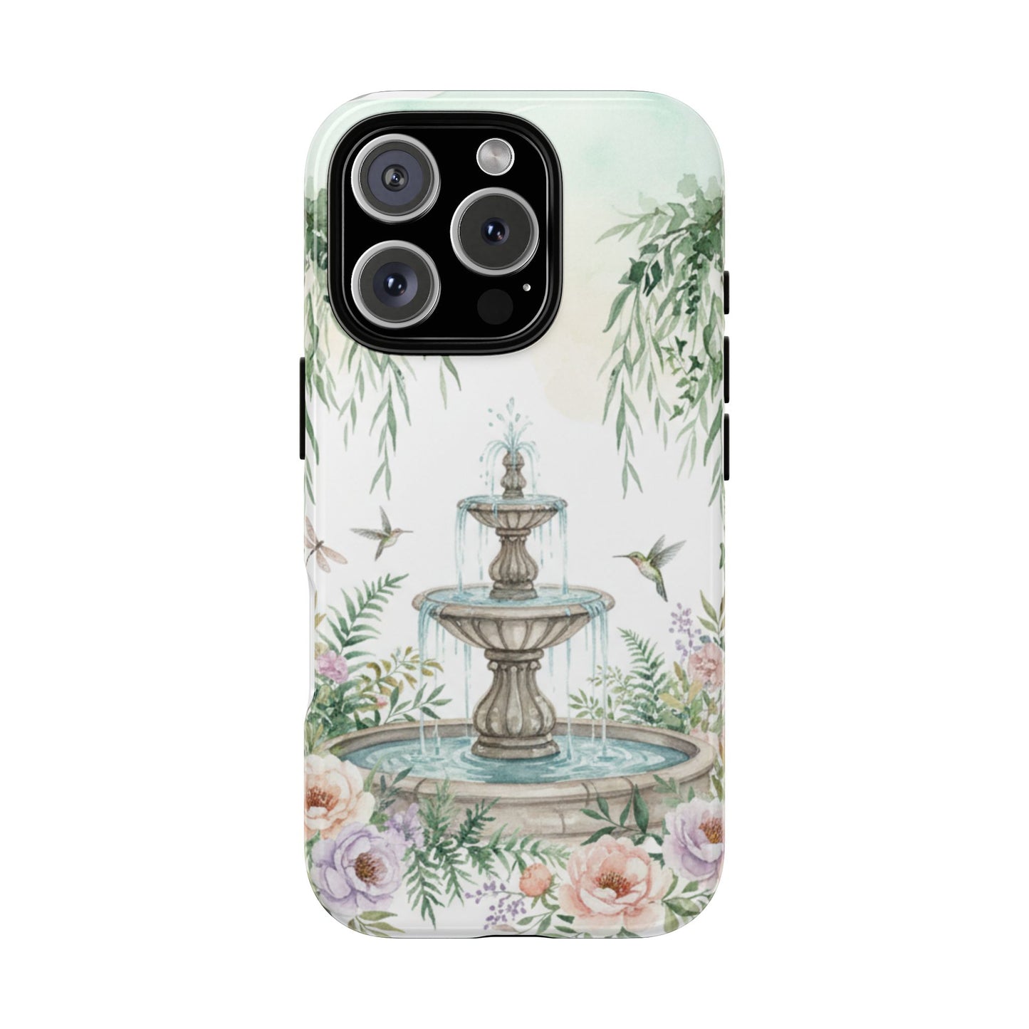 Floral Garden Fountain Phone Case — Pastel Hummingbird Protective Cover