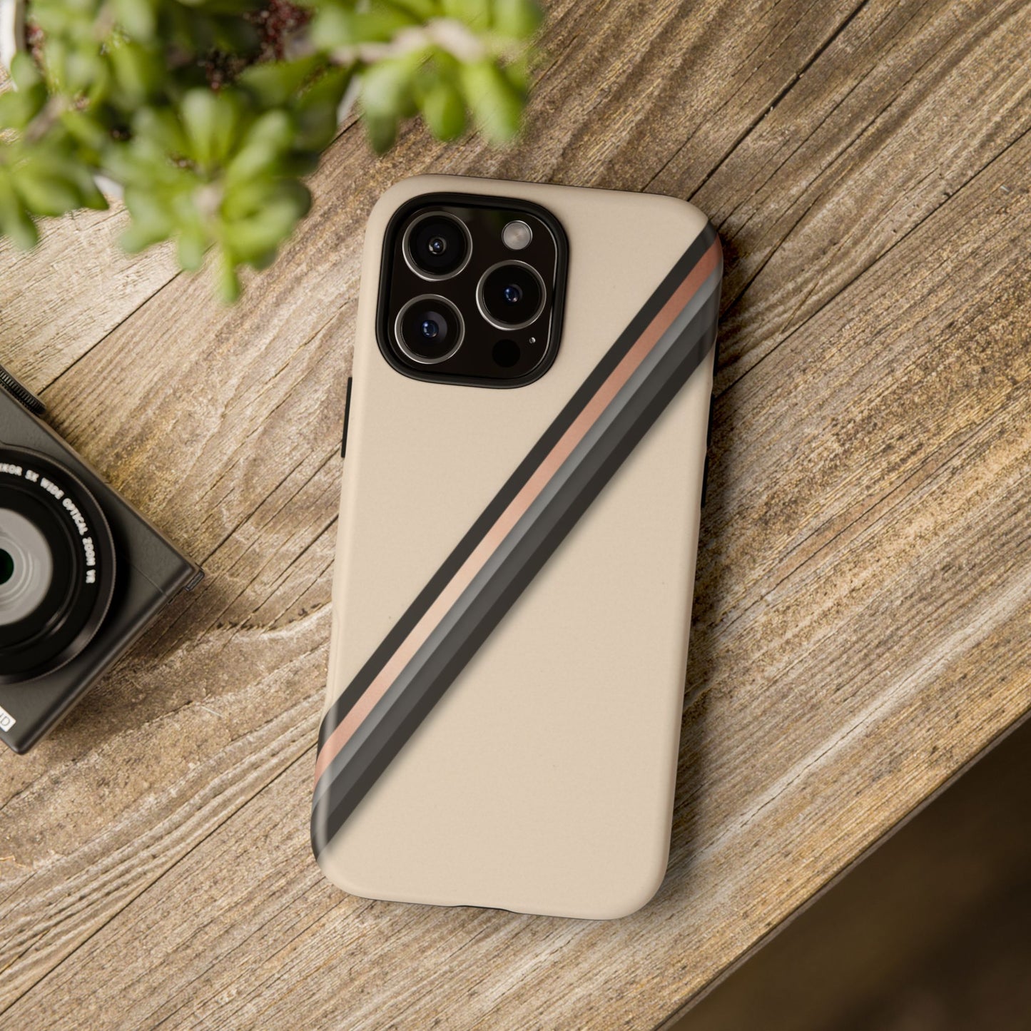 Minimal Diagonal Stripe Tough Phone Case — Protective Beige & Black Design
