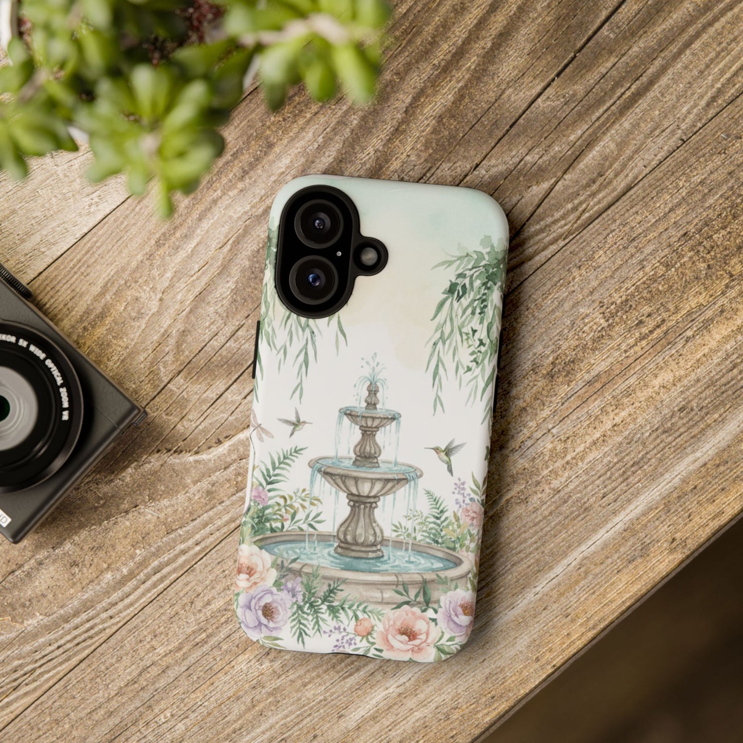 Floral Garden Fountain Phone Case — Pastel Hummingbird Protective Cover