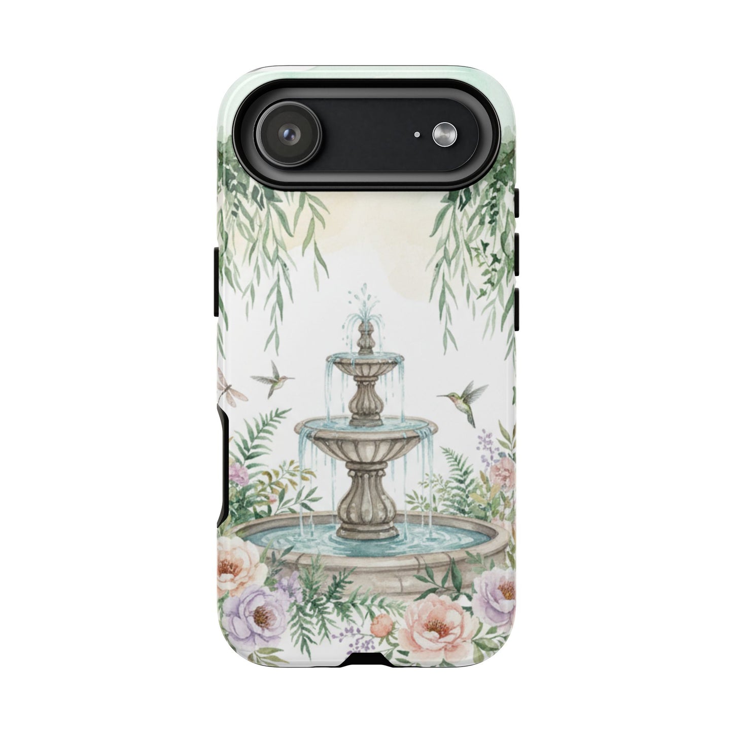 Floral Garden Fountain Phone Case — Pastel Hummingbird Protective Cover