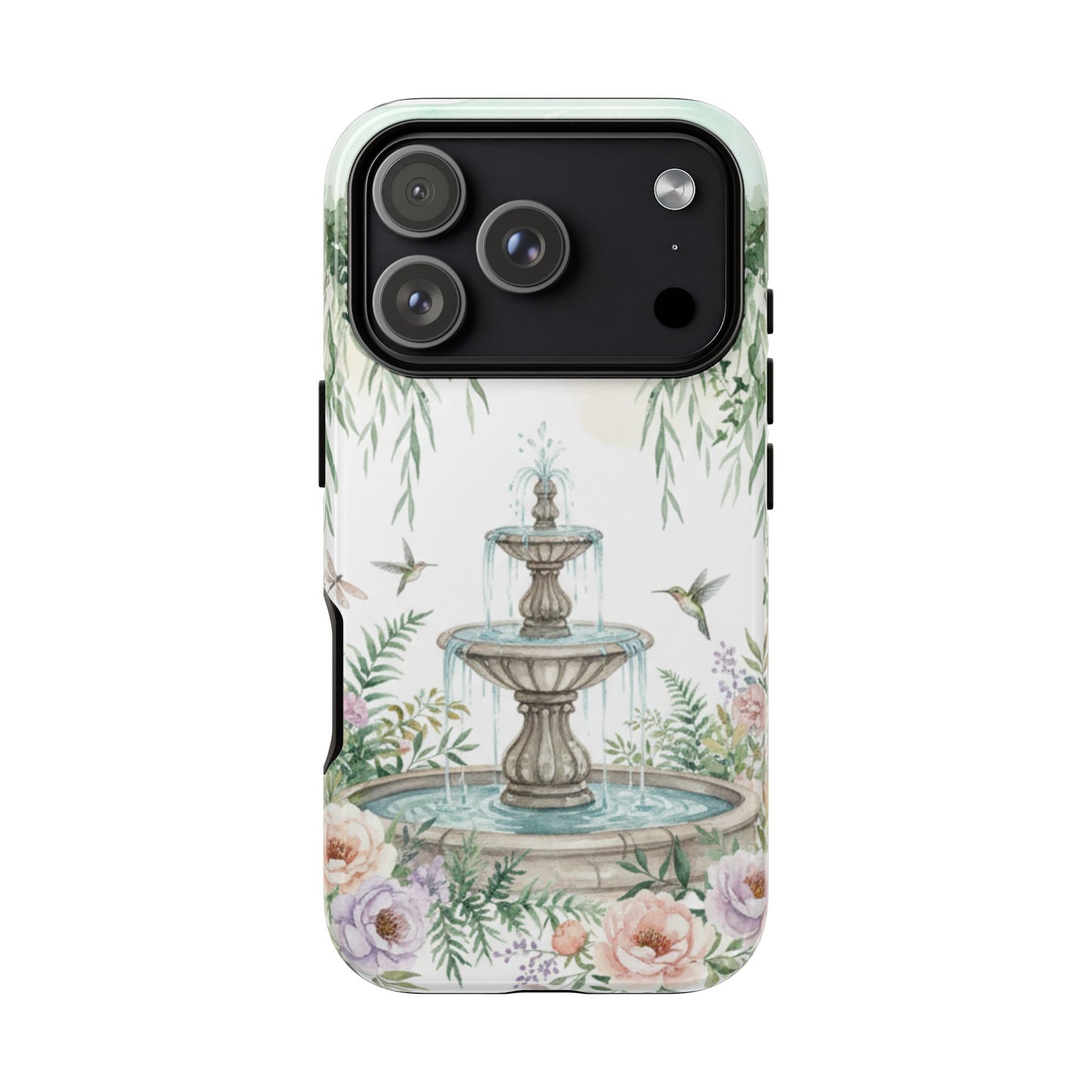 Floral Garden Fountain Phone Case — Pastel Hummingbird Protective Cover