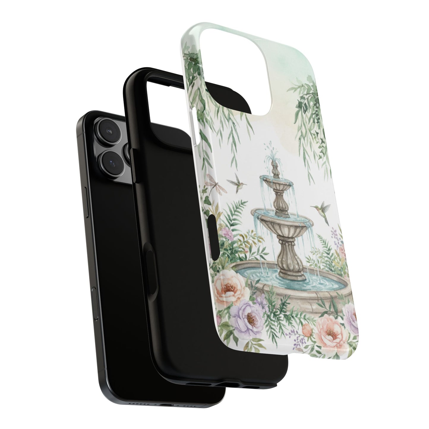 Floral Garden Fountain Phone Case — Pastel Hummingbird Protective Cover