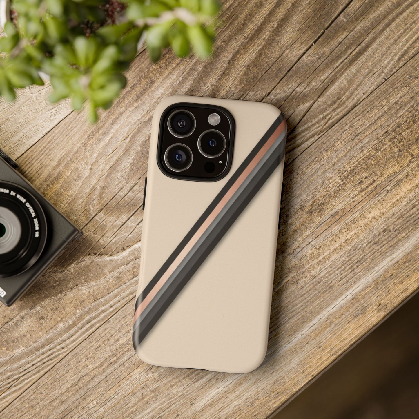 Minimal Diagonal Stripe Tough Phone Case — Protective Beige & Black Design