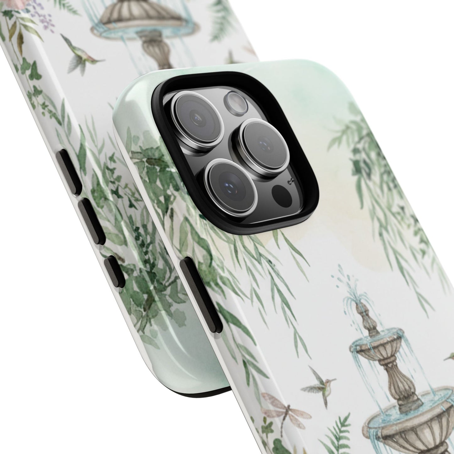 Floral Garden Fountain Phone Case — Pastel Hummingbird Protective Cover