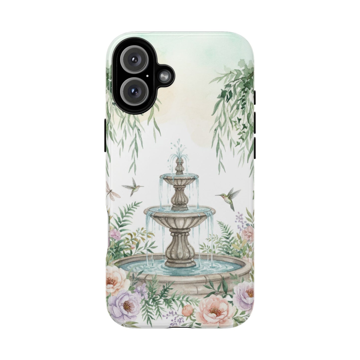 Floral Garden Fountain Phone Case — Pastel Hummingbird Protective Cover