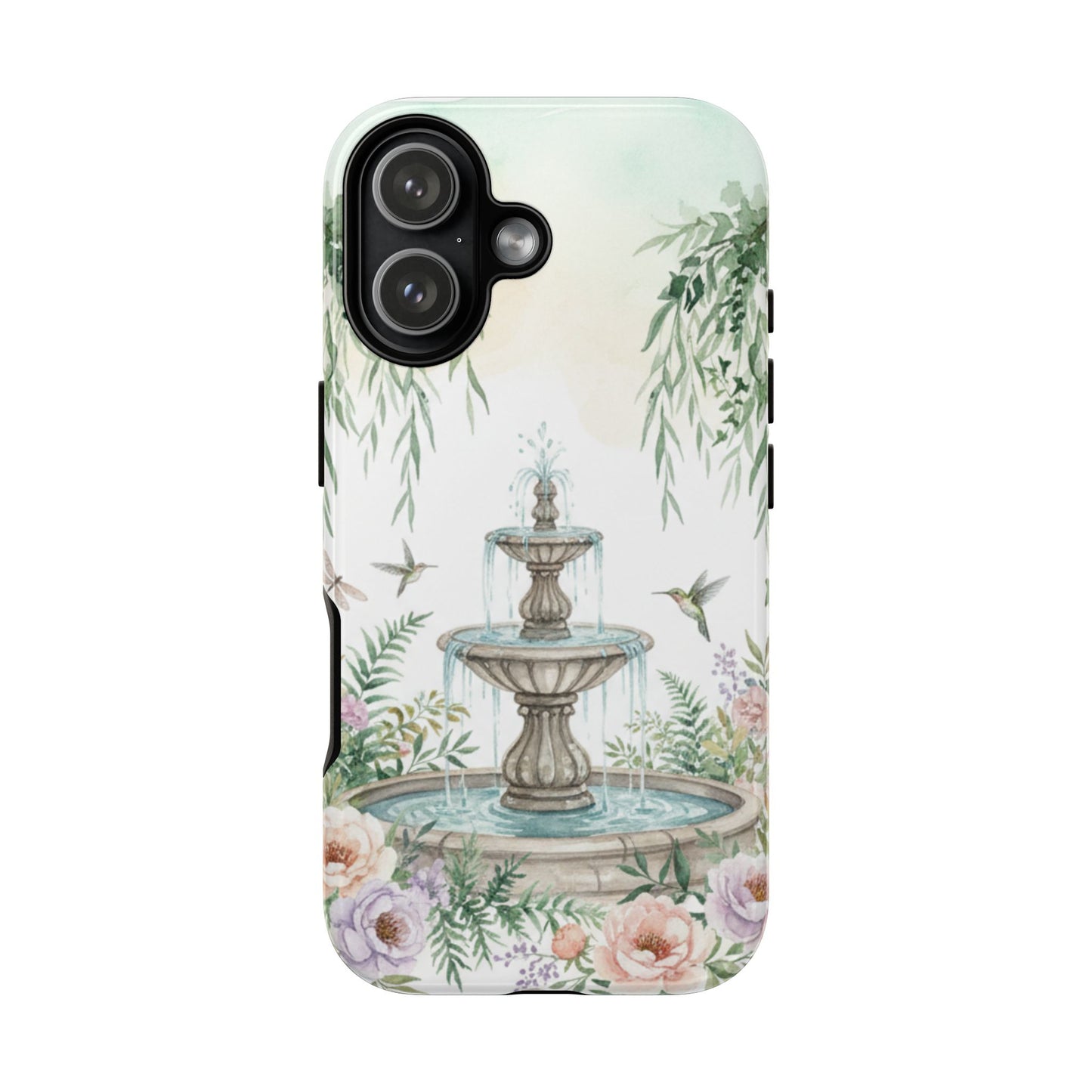 Floral Garden Fountain Phone Case — Pastel Hummingbird Protective Cover