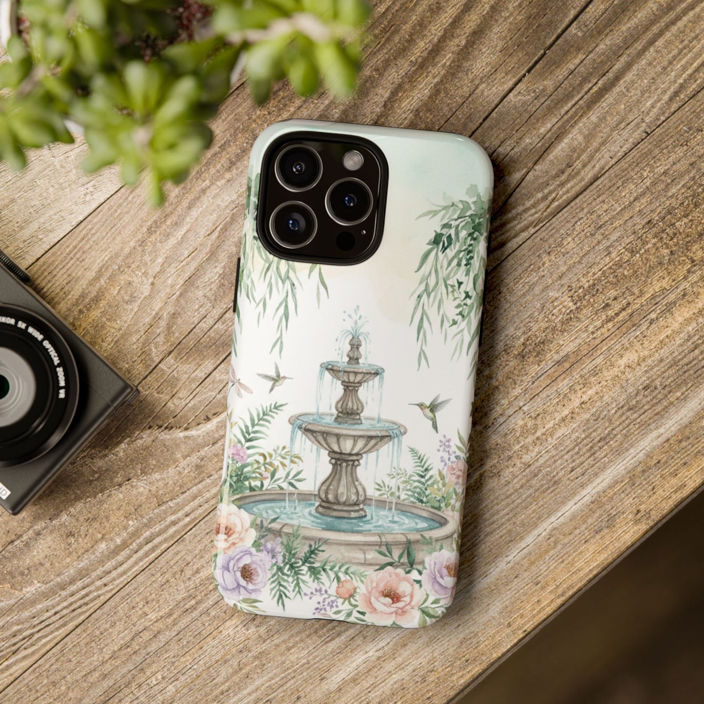 Floral Garden Fountain Phone Case — Pastel Hummingbird Protective Cover