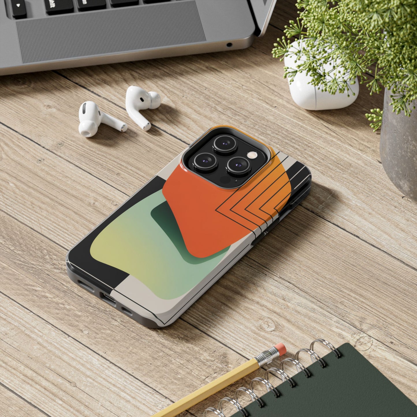 Abstract Geometric Tough Phone Case — Bold Orange & Green Modern Design
