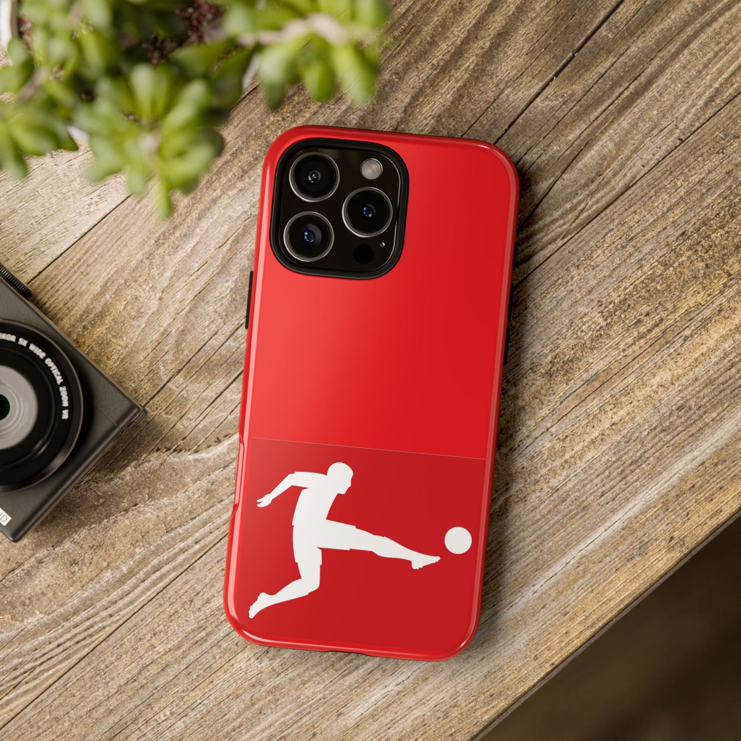 Soccer Player Tough Case — Protective Red Phone Case with Kicking Silhouette