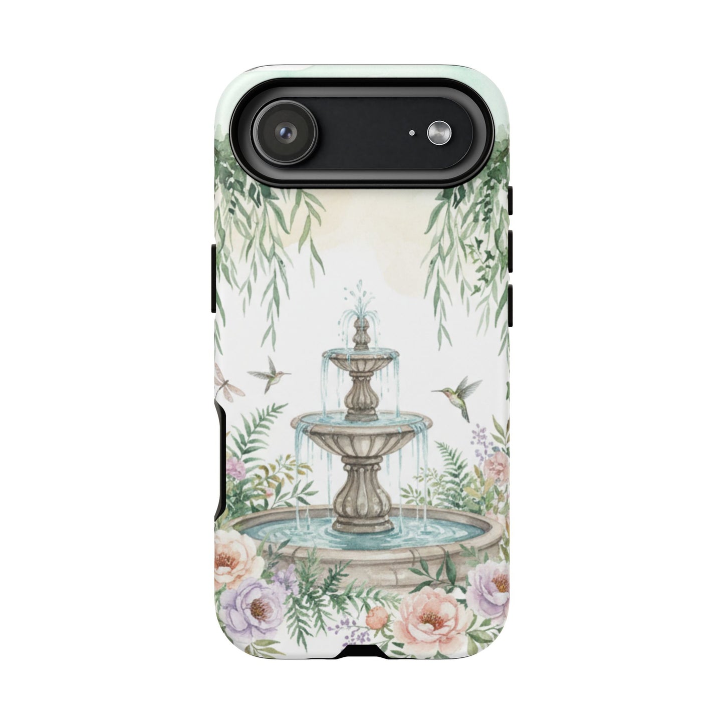 Floral Garden Fountain Phone Case — Pastel Hummingbird Protective Cover
