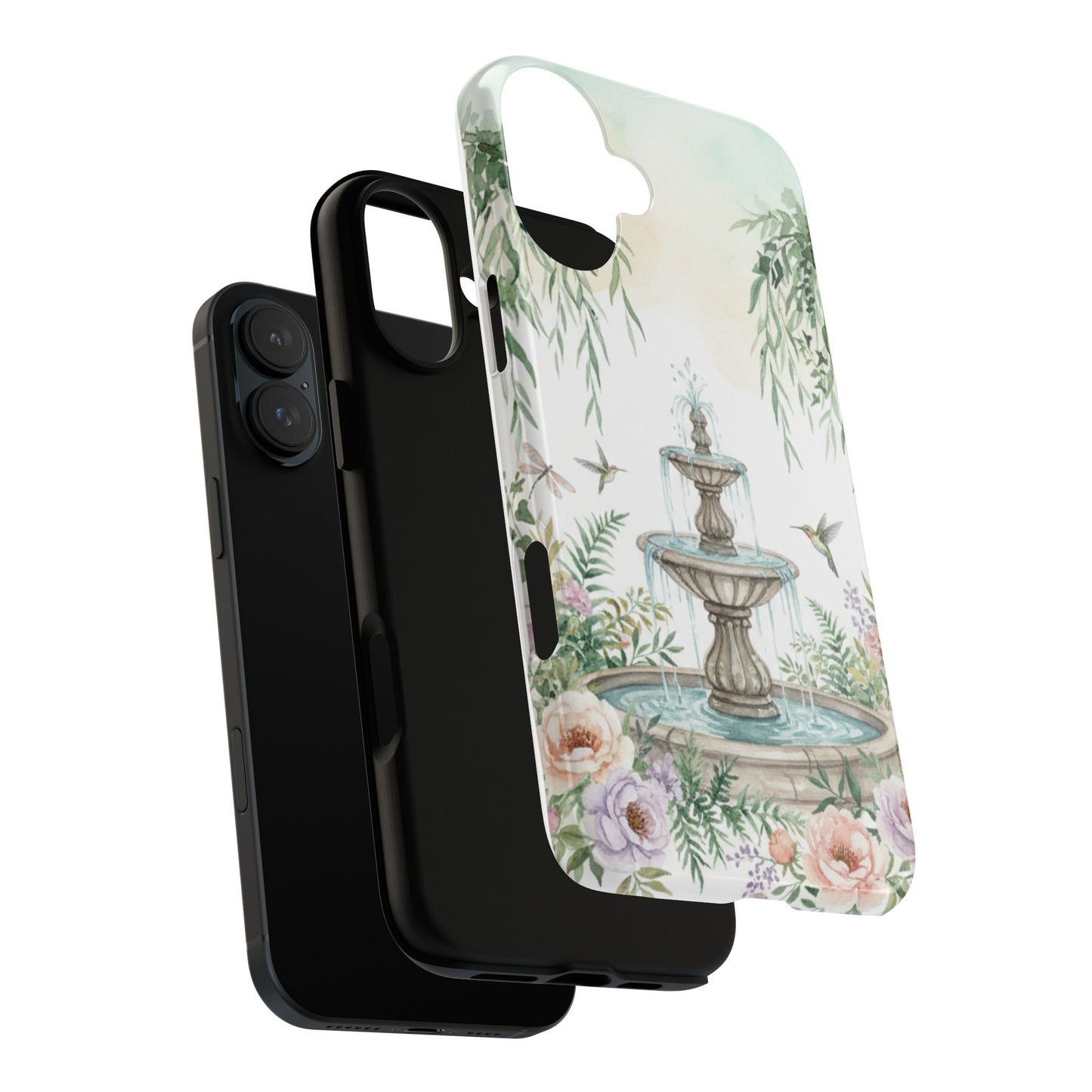 Floral Garden Fountain Phone Case — Pastel Hummingbird Protective Cover