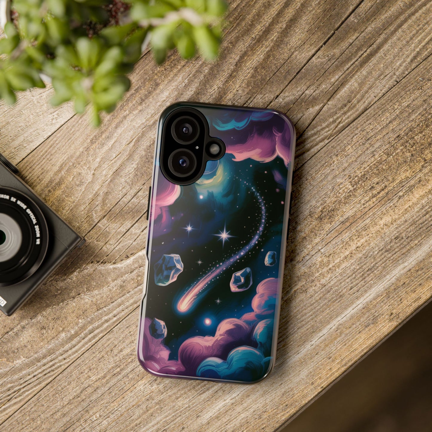 Celestial Meteor Shower phone case | space sky comet, stars & pastel clouds