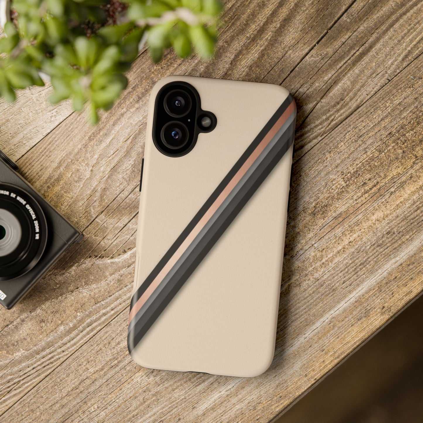 Minimal Diagonal Stripe Tough Phone Case — Protective Beige & Black Design