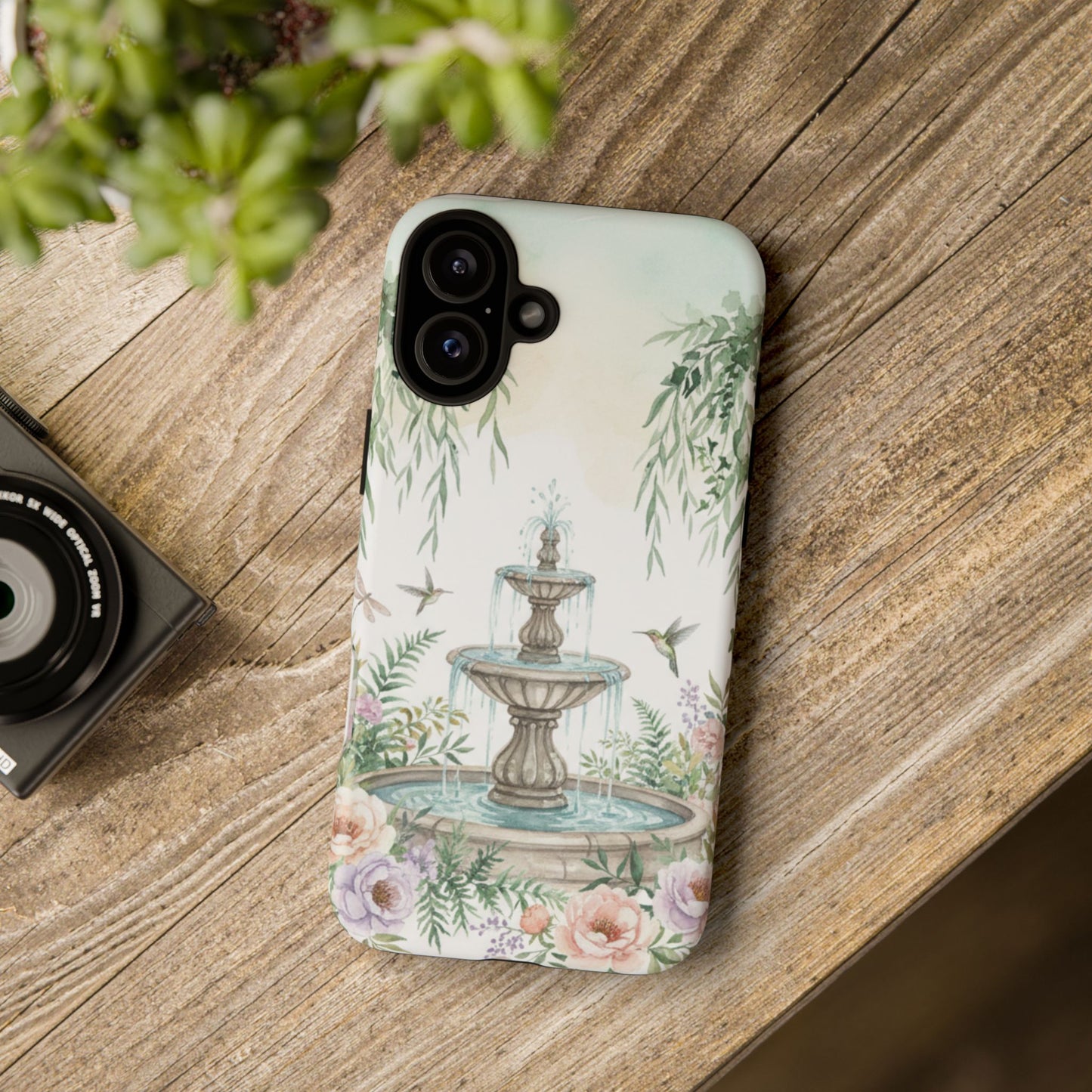 Floral Garden Fountain Phone Case — Pastel Hummingbird Protective Cover