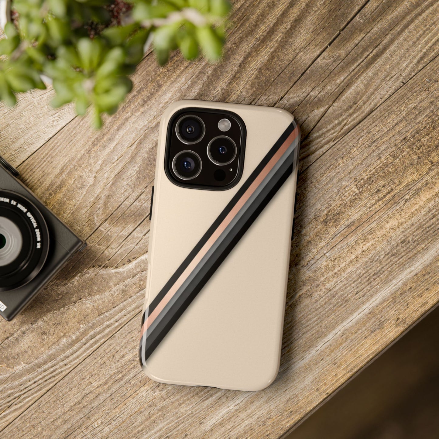 Minimal Diagonal Stripe Tough Phone Case — Protective Beige & Black Design