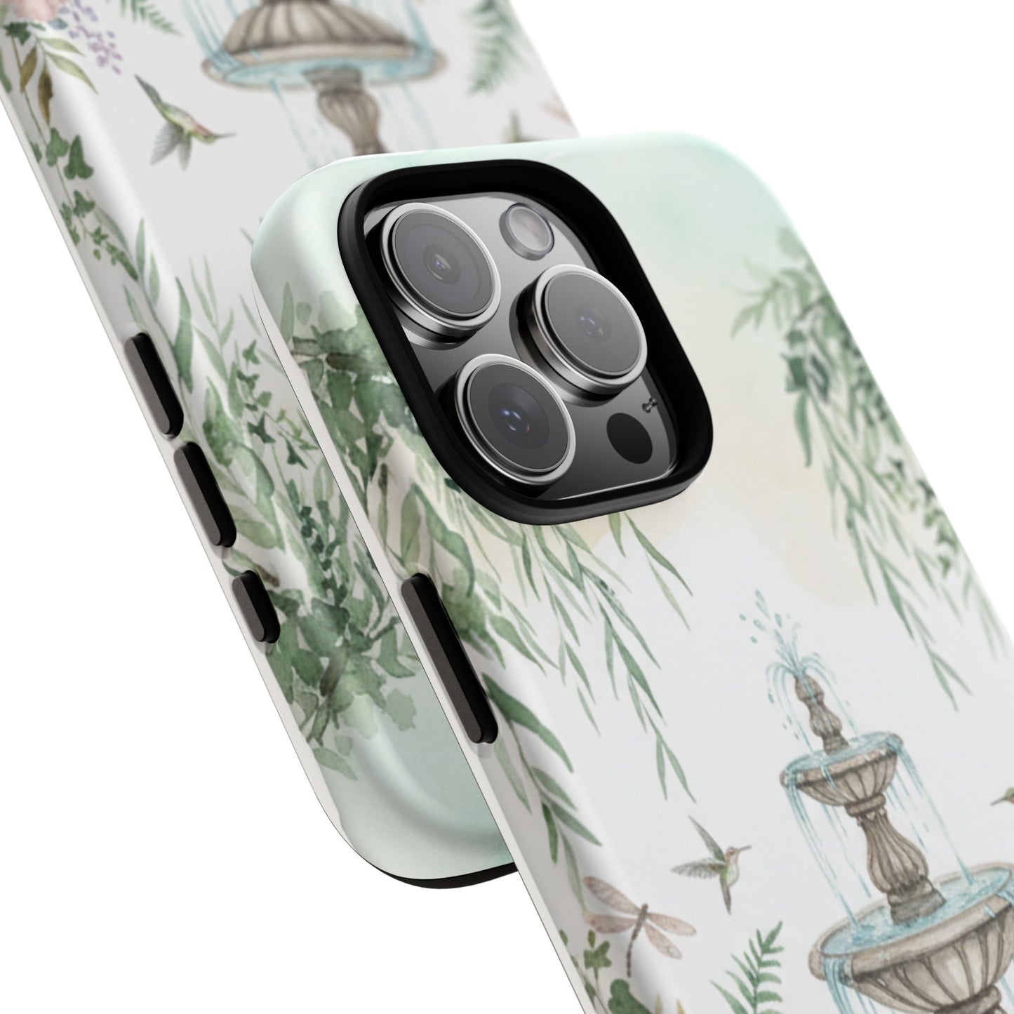 Floral Garden Fountain Phone Case — Pastel Hummingbird Protective Cover