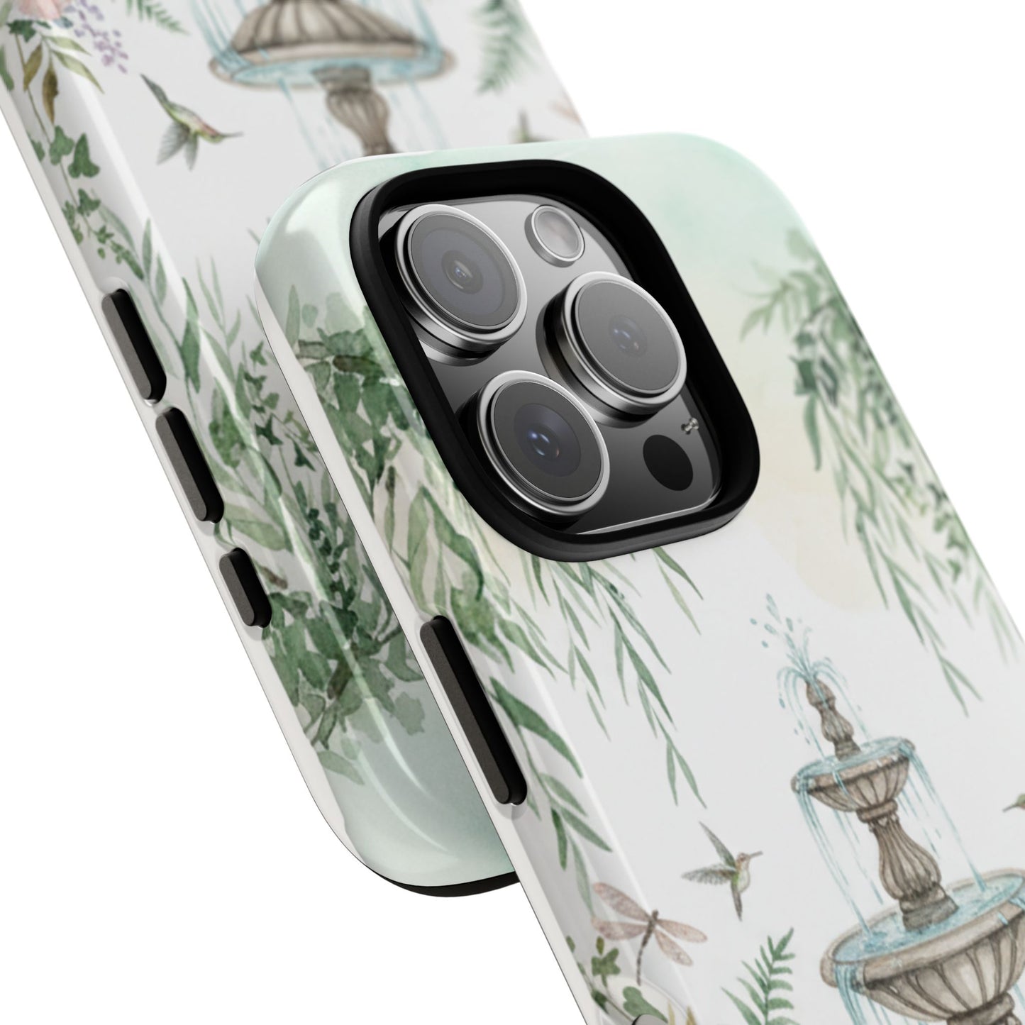 Floral Garden Fountain Phone Case — Pastel Hummingbird Protective Cover