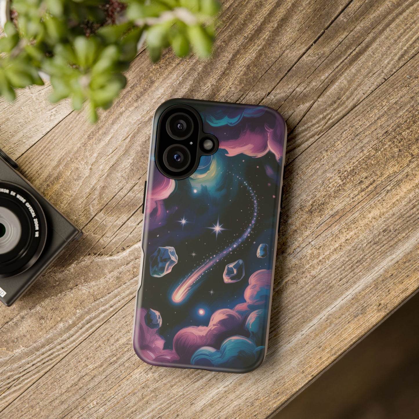 Celestial Meteor Shower phone case | space sky comet, stars & pastel clouds