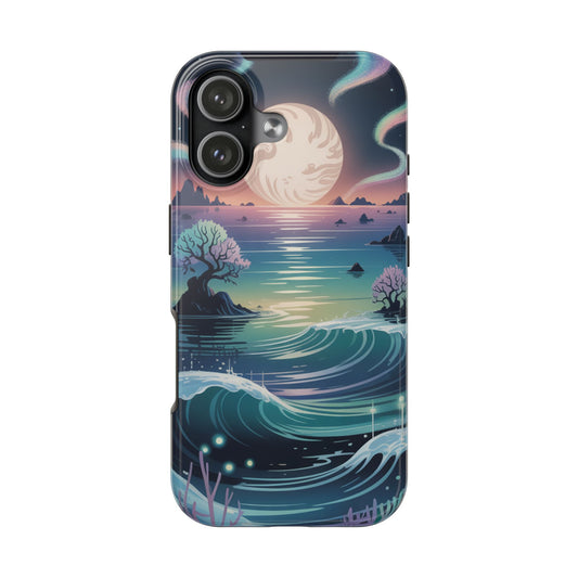 Moonlit Ocean Waves Phone Case | Coastal Nightscape, Sakura Trees