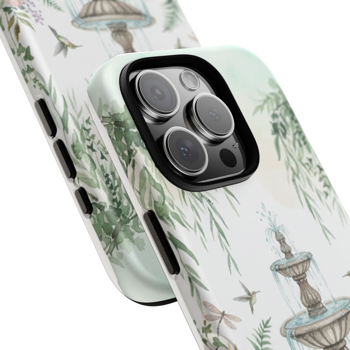 Floral Garden Fountain Phone Case — Pastel Hummingbird Protective Cover