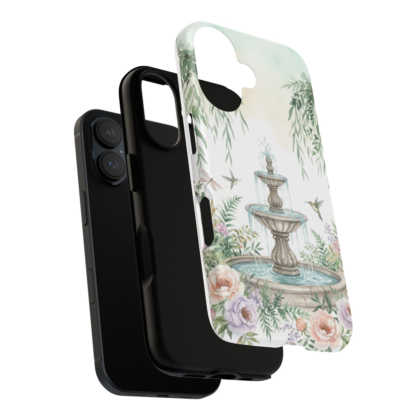 Floral Garden Fountain Phone Case — Pastel Hummingbird Protective Cover