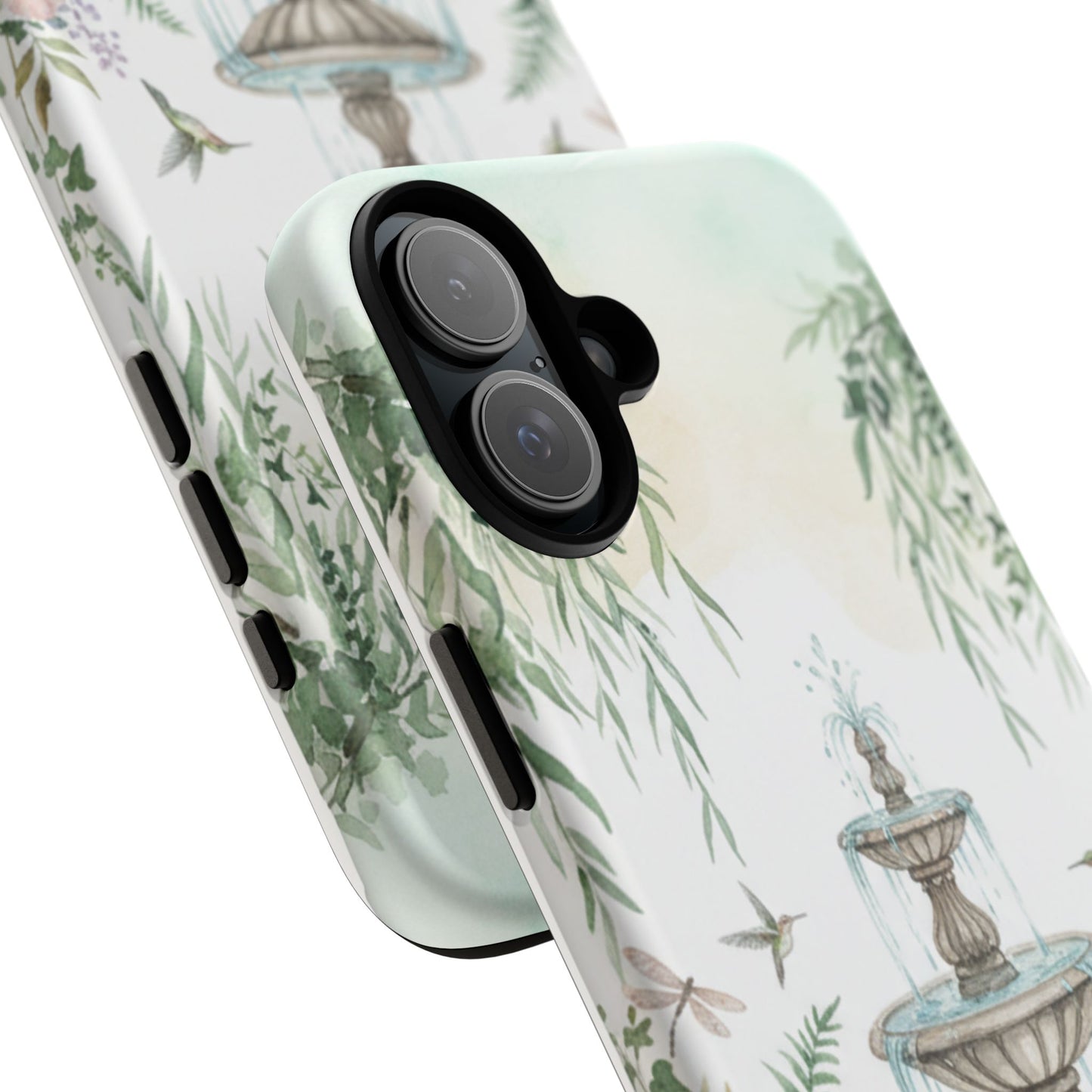Floral Garden Fountain Phone Case — Pastel Hummingbird Protective Cover