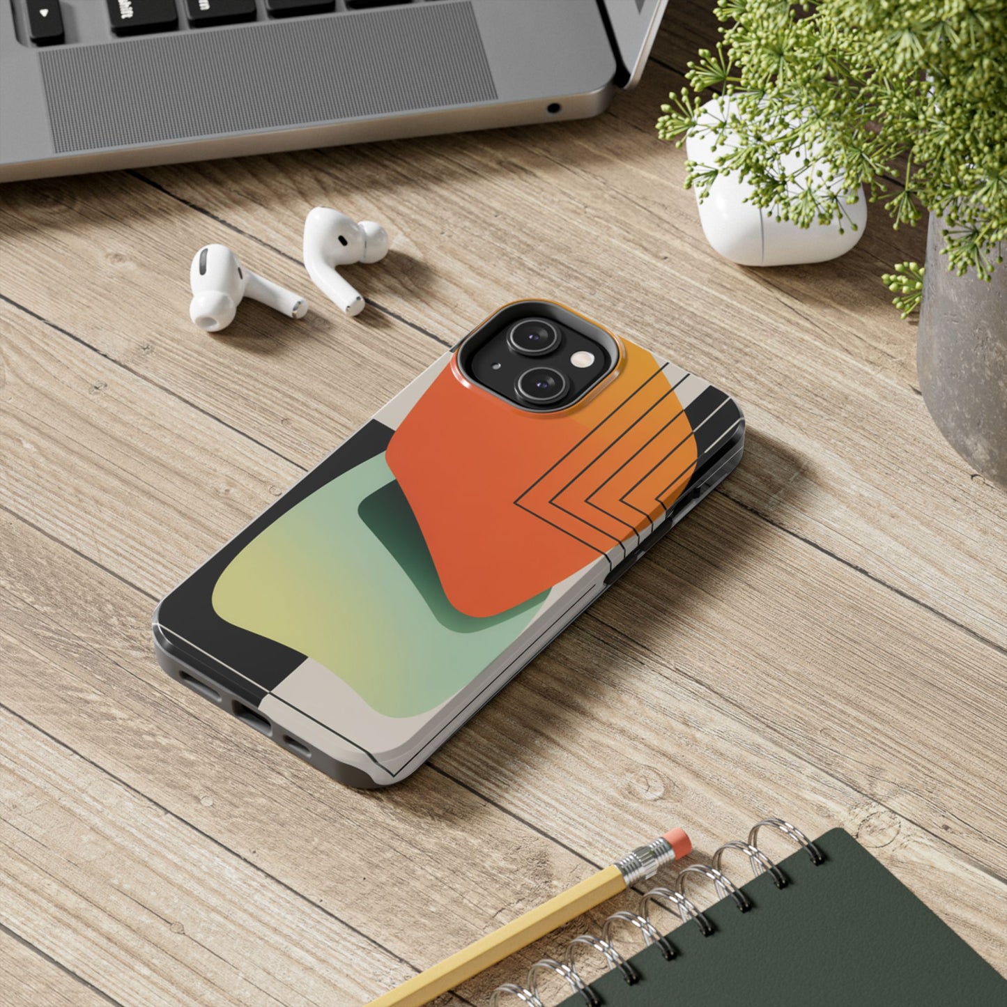 Abstract Geometric Tough Phone Case — Bold Orange & Green Modern Design
