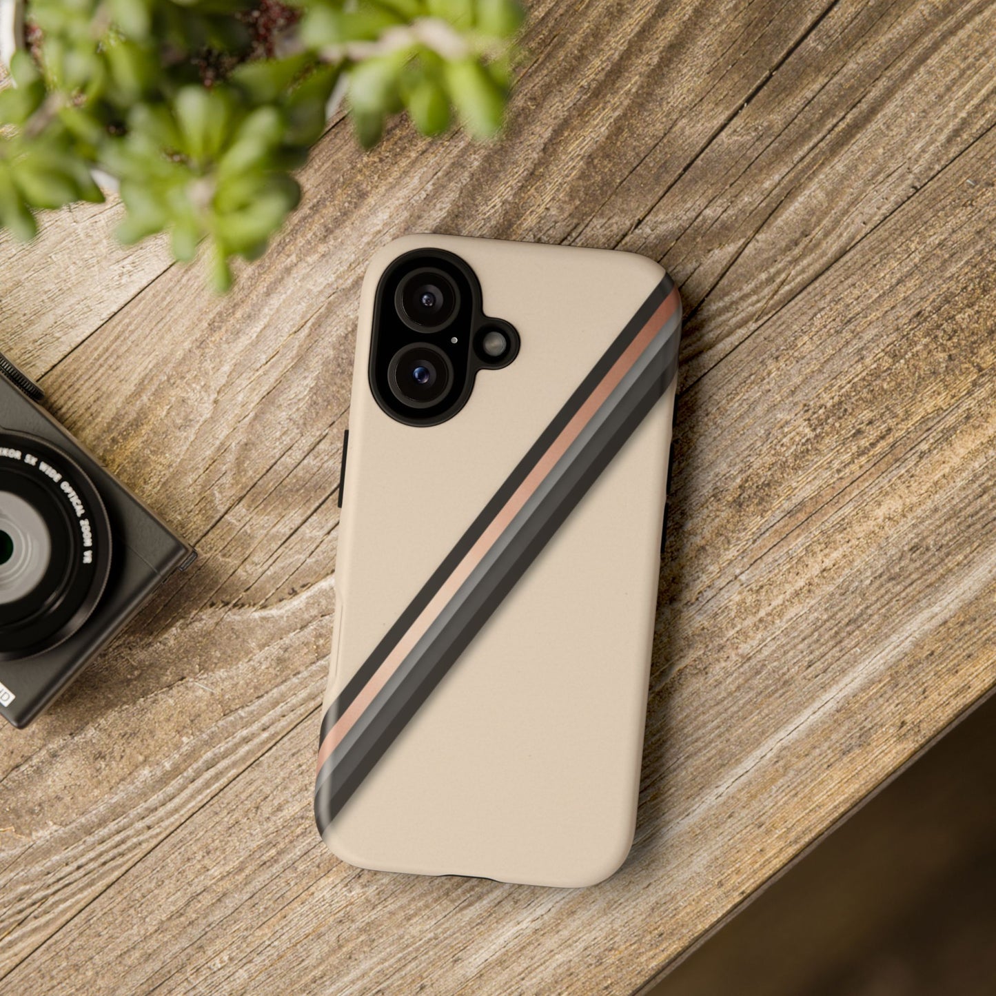 Minimal Diagonal Stripe Tough Phone Case — Protective Beige & Black Design