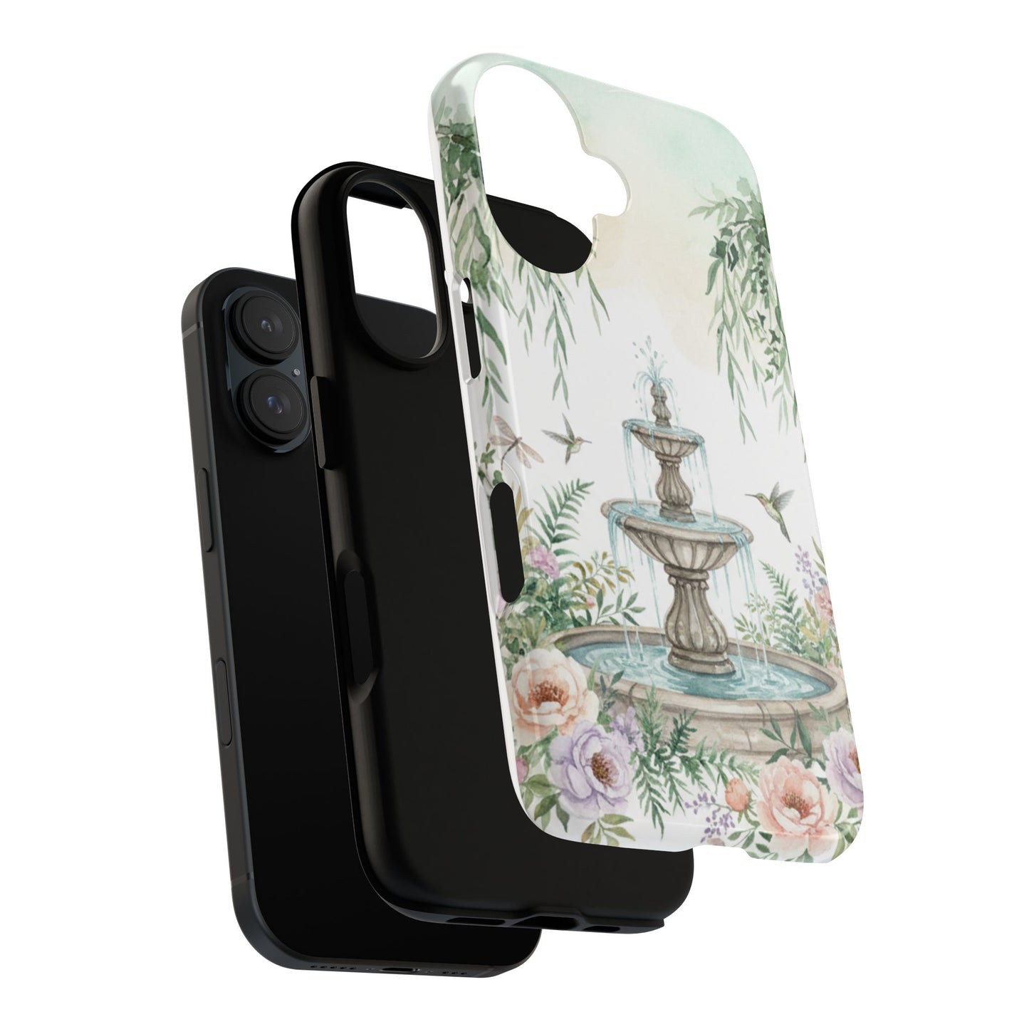 Floral Garden Fountain Phone Case — Pastel Hummingbird Protective Cover