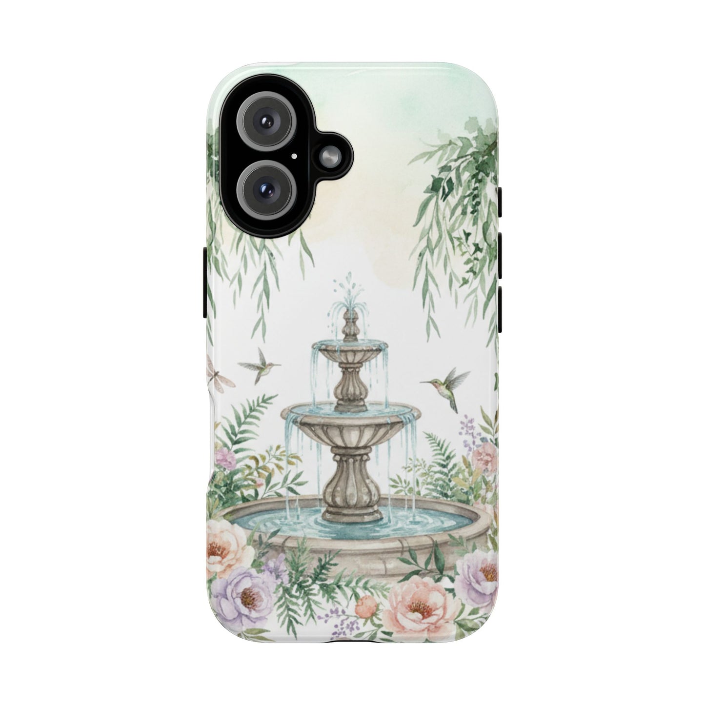 Floral Garden Fountain Phone Case — Pastel Hummingbird Protective Cover