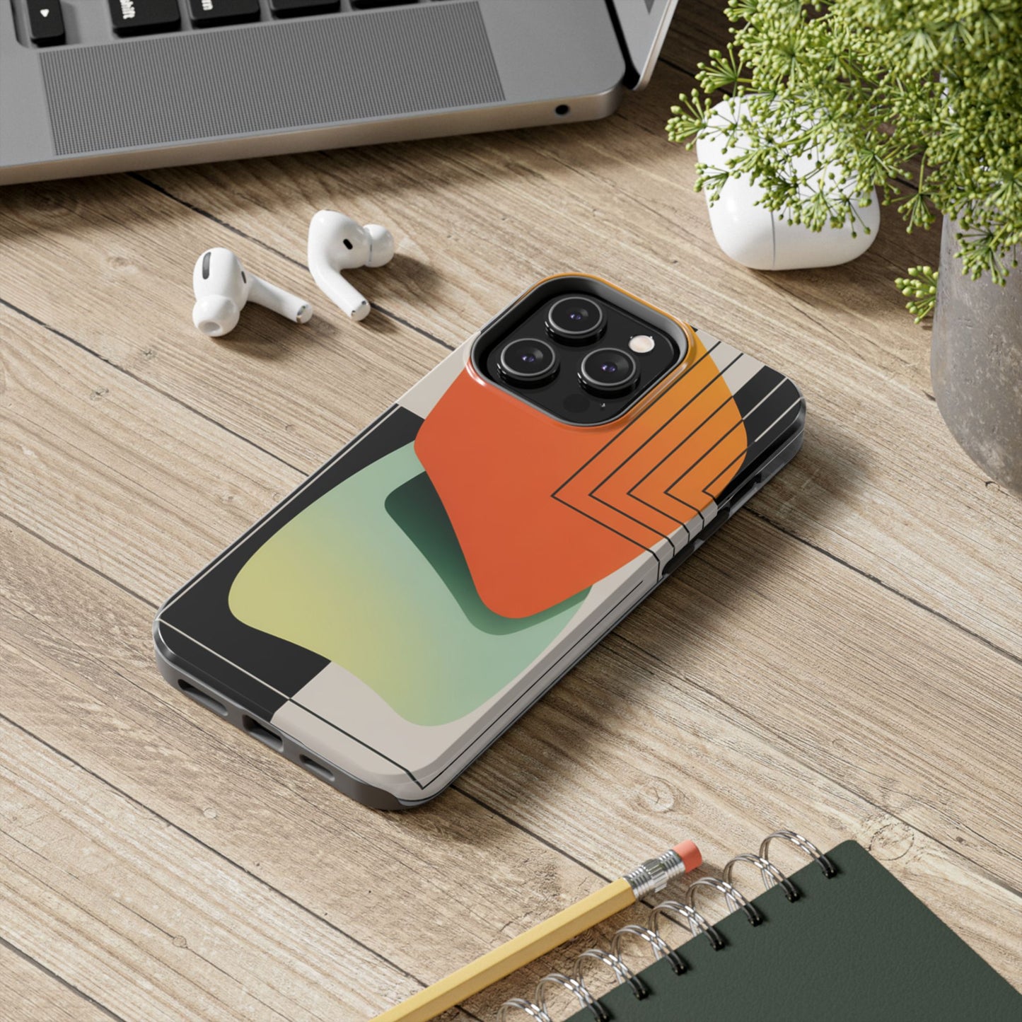 Abstract Geometric Tough Phone Case — Bold Orange & Green Modern Design