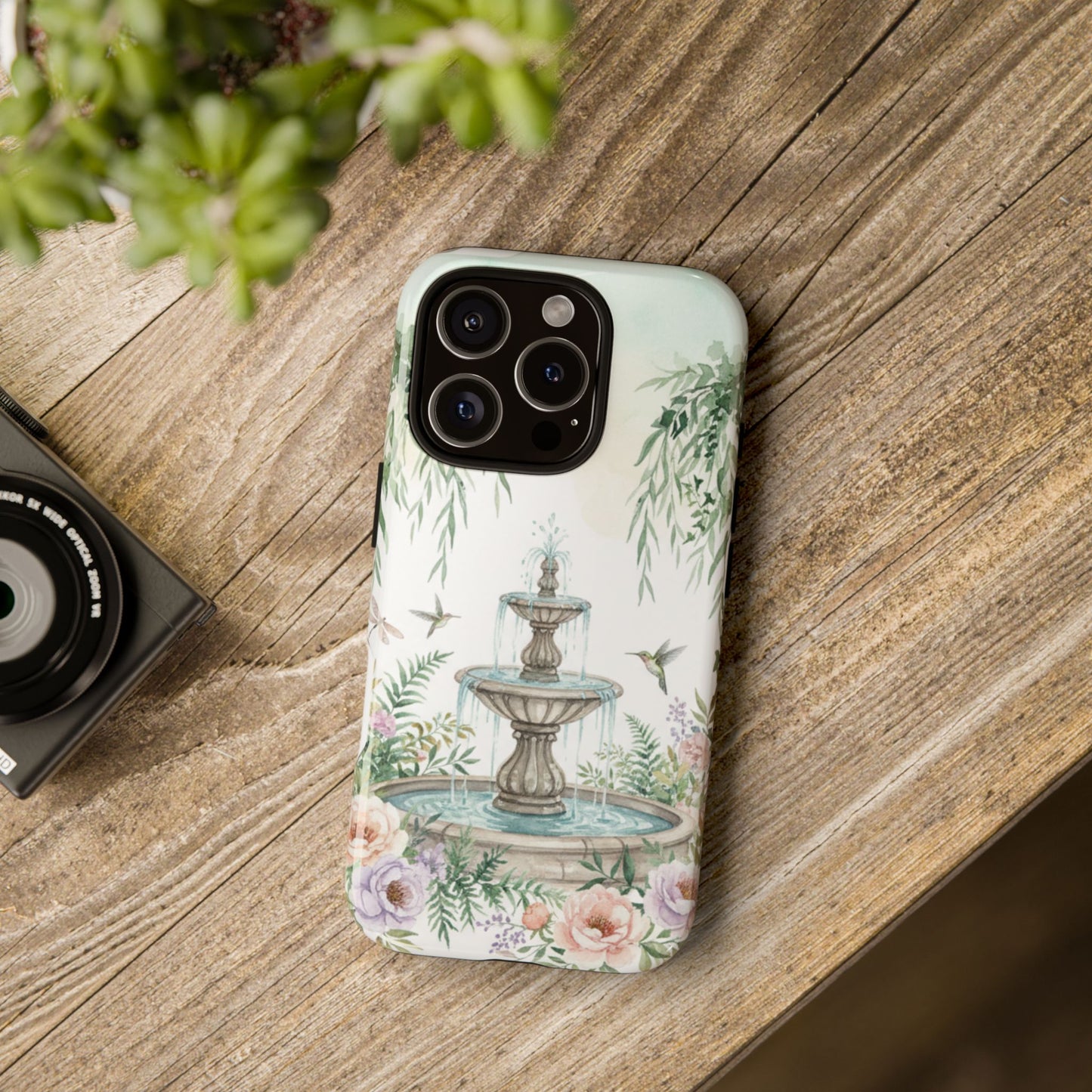 Floral Garden Fountain Phone Case — Pastel Hummingbird Protective Cover