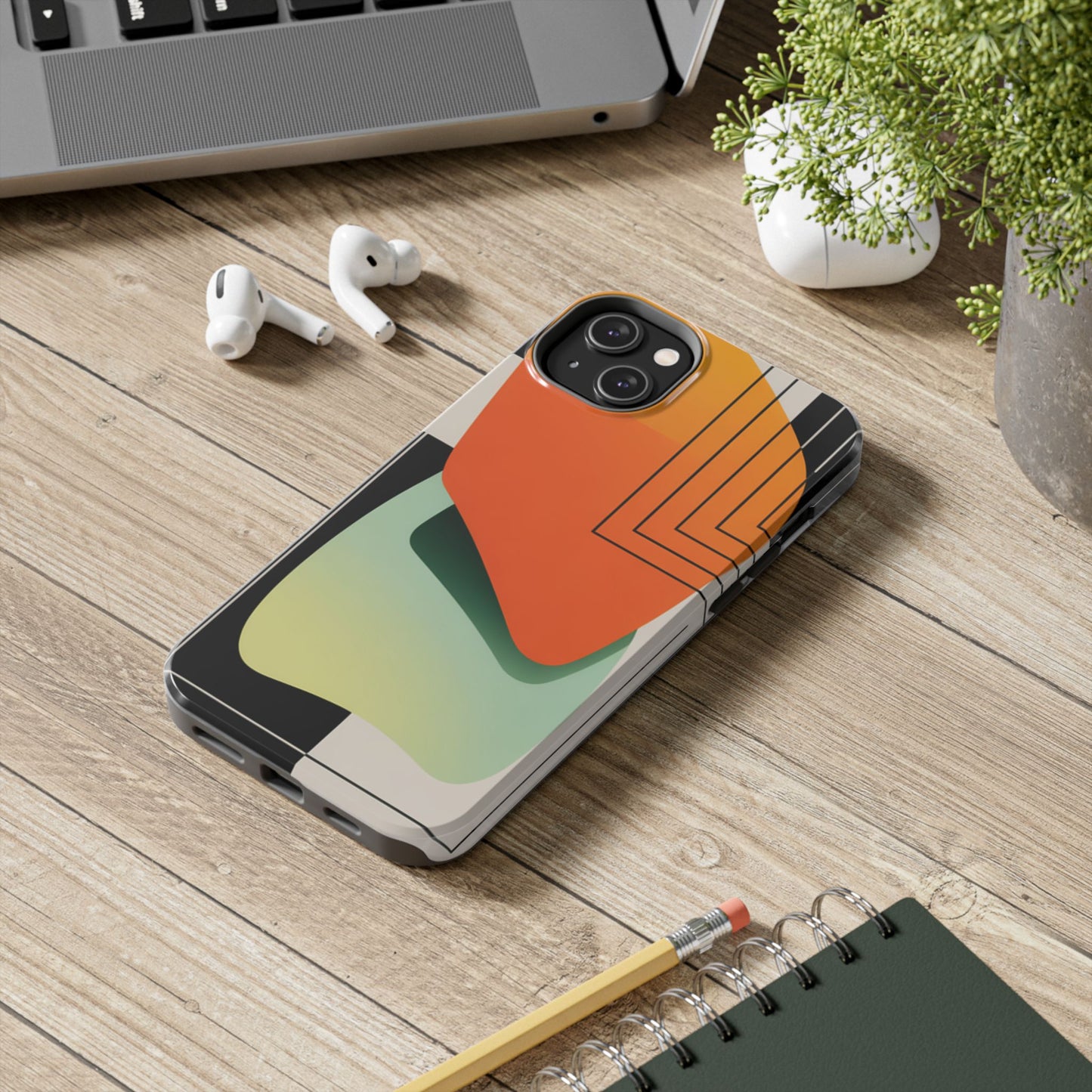 Abstract Geometric Tough Phone Case — Bold Orange & Green Modern Design