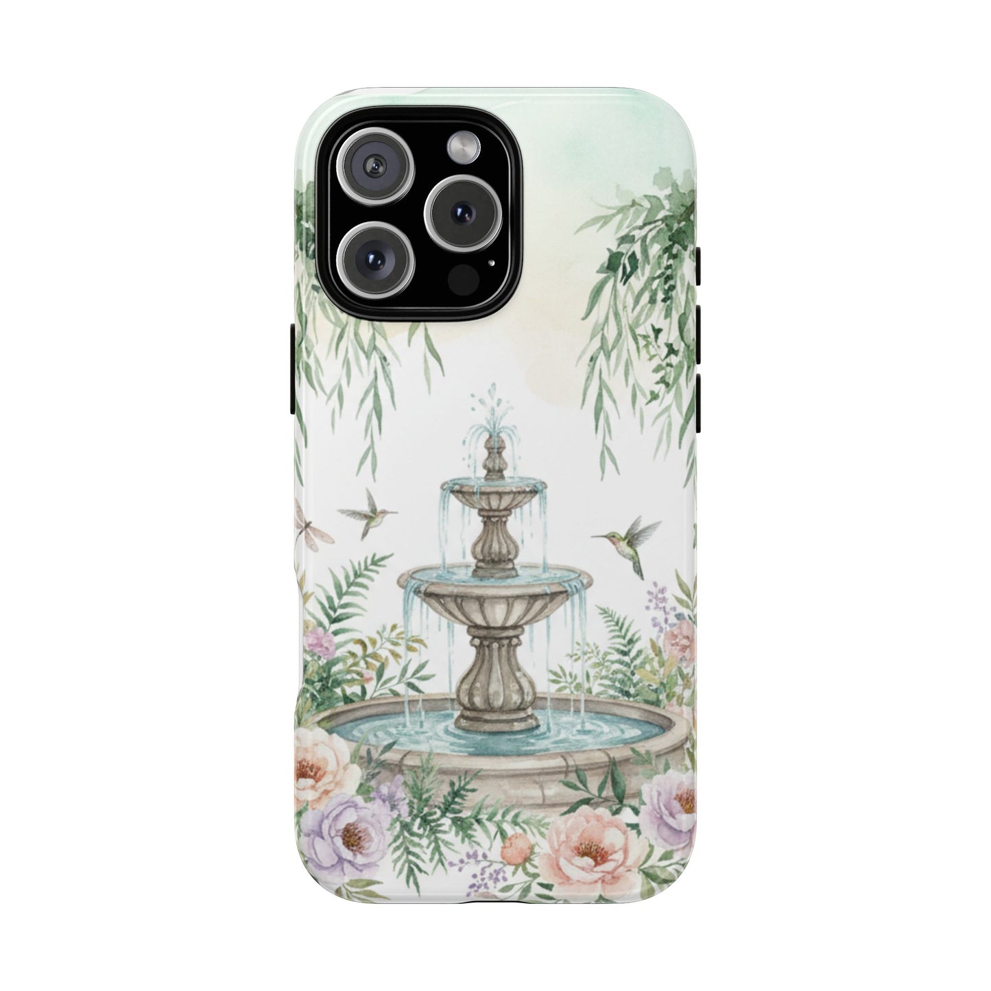 Floral Garden Fountain Phone Case — Pastel Hummingbird Protective Cover