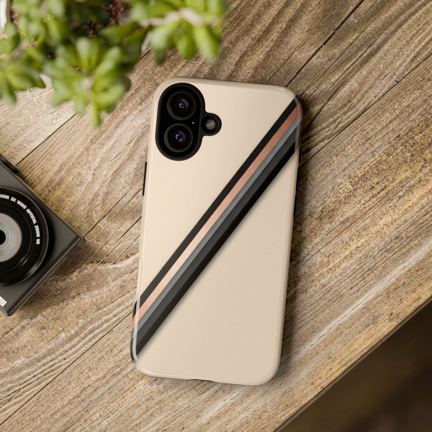 Minimal Diagonal Stripe Tough Phone Case — Protective Beige & Black Design