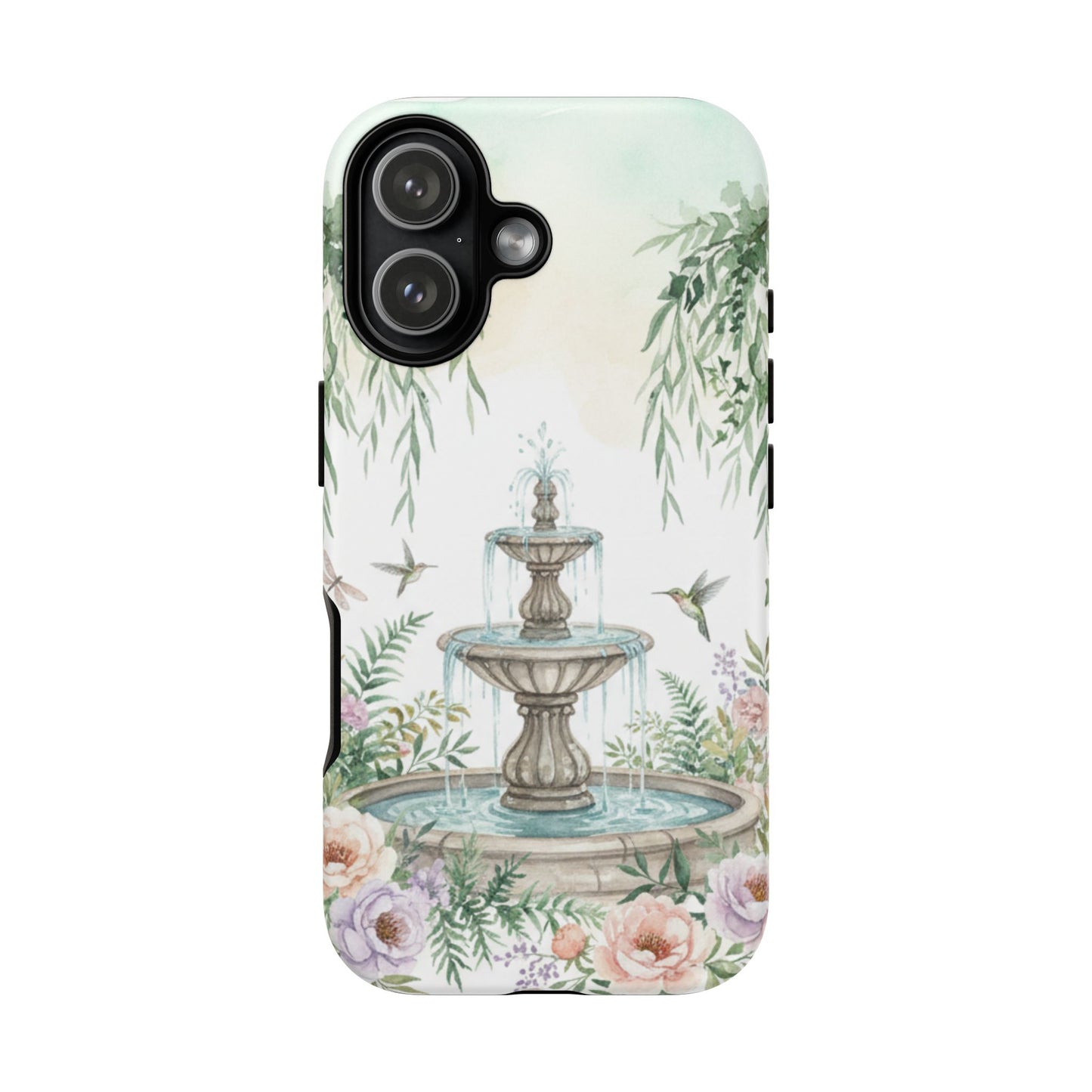 Floral Garden Fountain Phone Case — Pastel Hummingbird Protective Cover