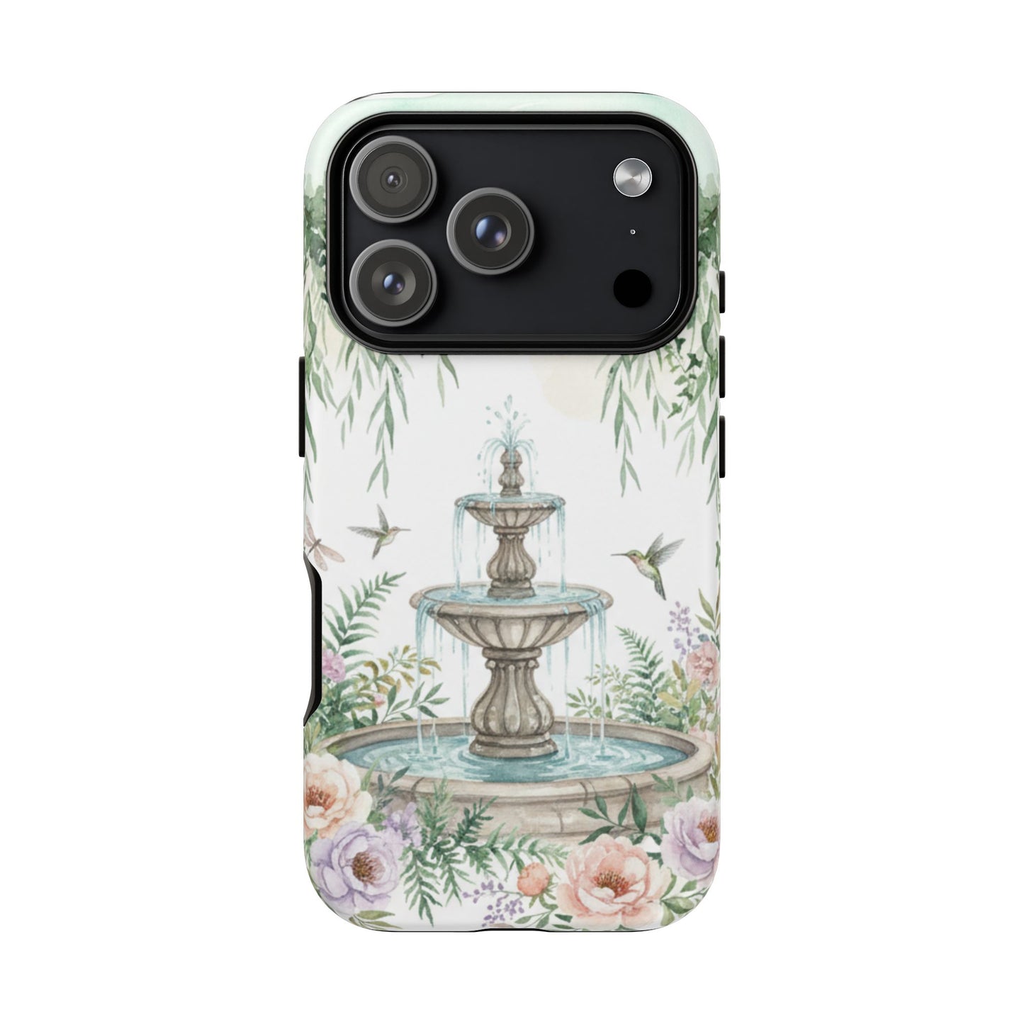 Floral Garden Fountain Phone Case — Pastel Hummingbird Protective Cover
