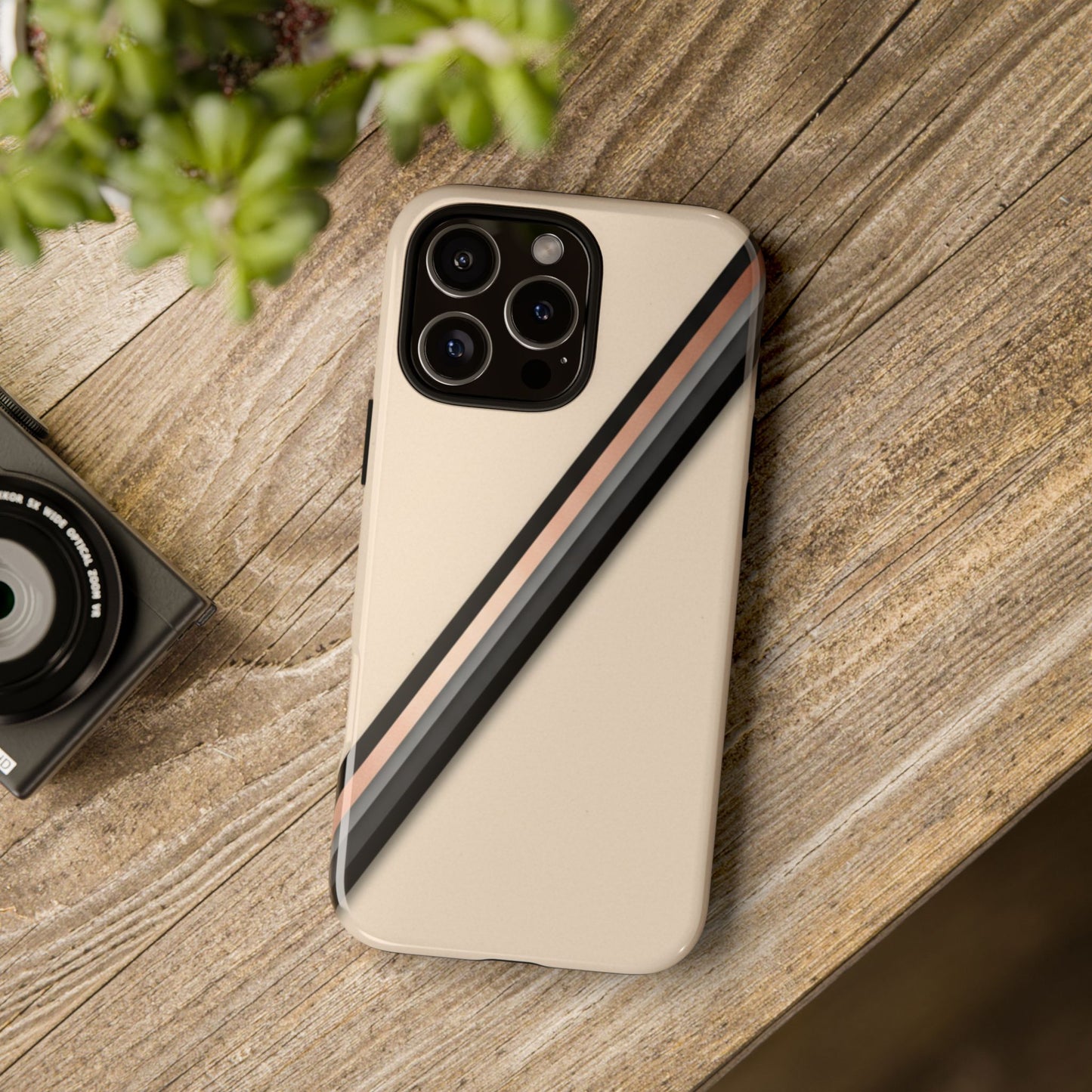 Minimal Diagonal Stripe Tough Phone Case — Protective Beige & Black Design