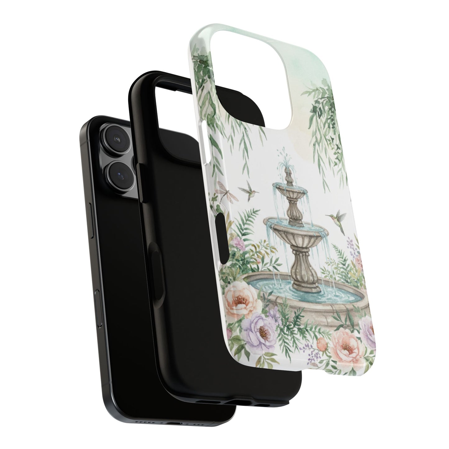 Floral Garden Fountain Phone Case — Pastel Hummingbird Protective Cover