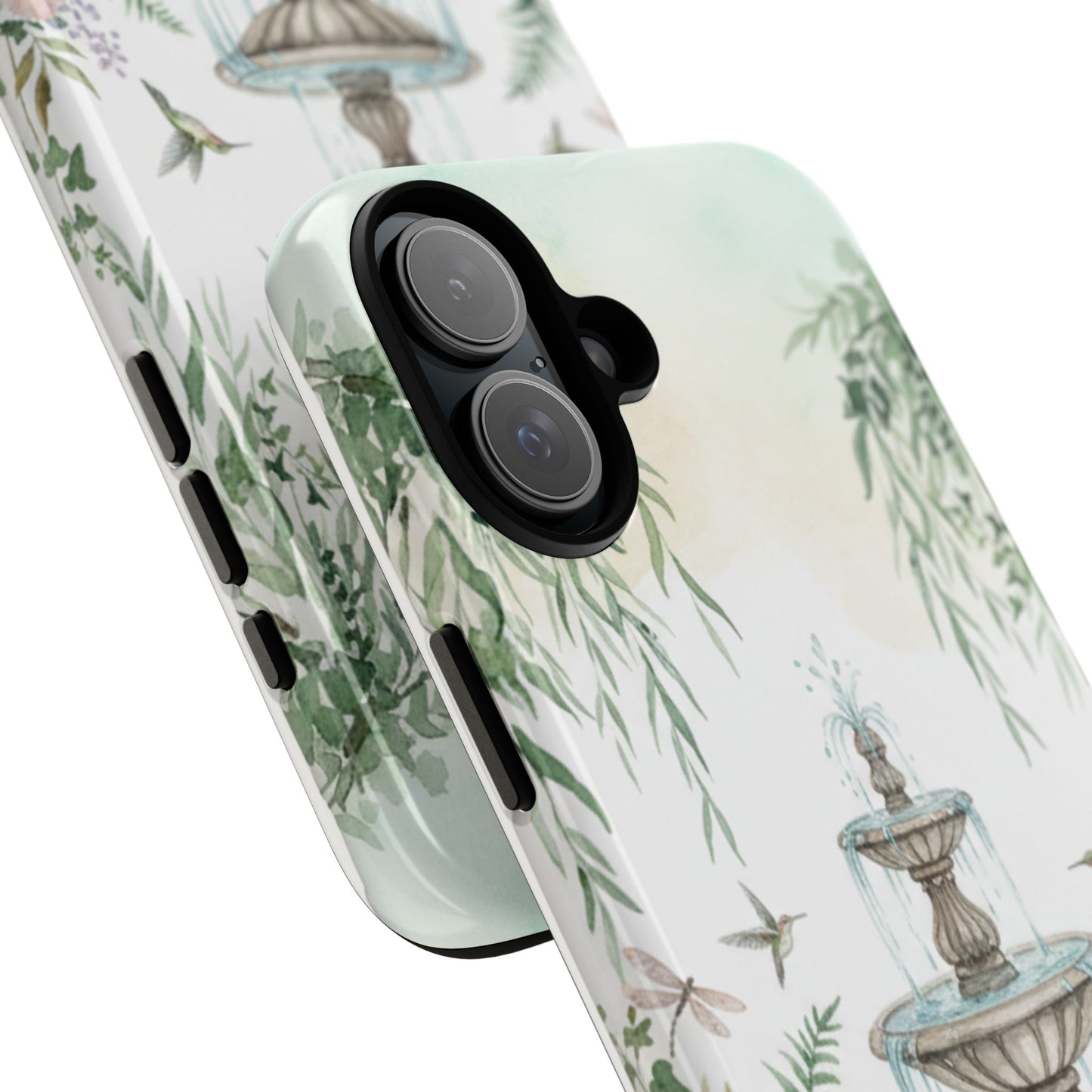 Floral Garden Fountain Phone Case — Pastel Hummingbird Protective Cover