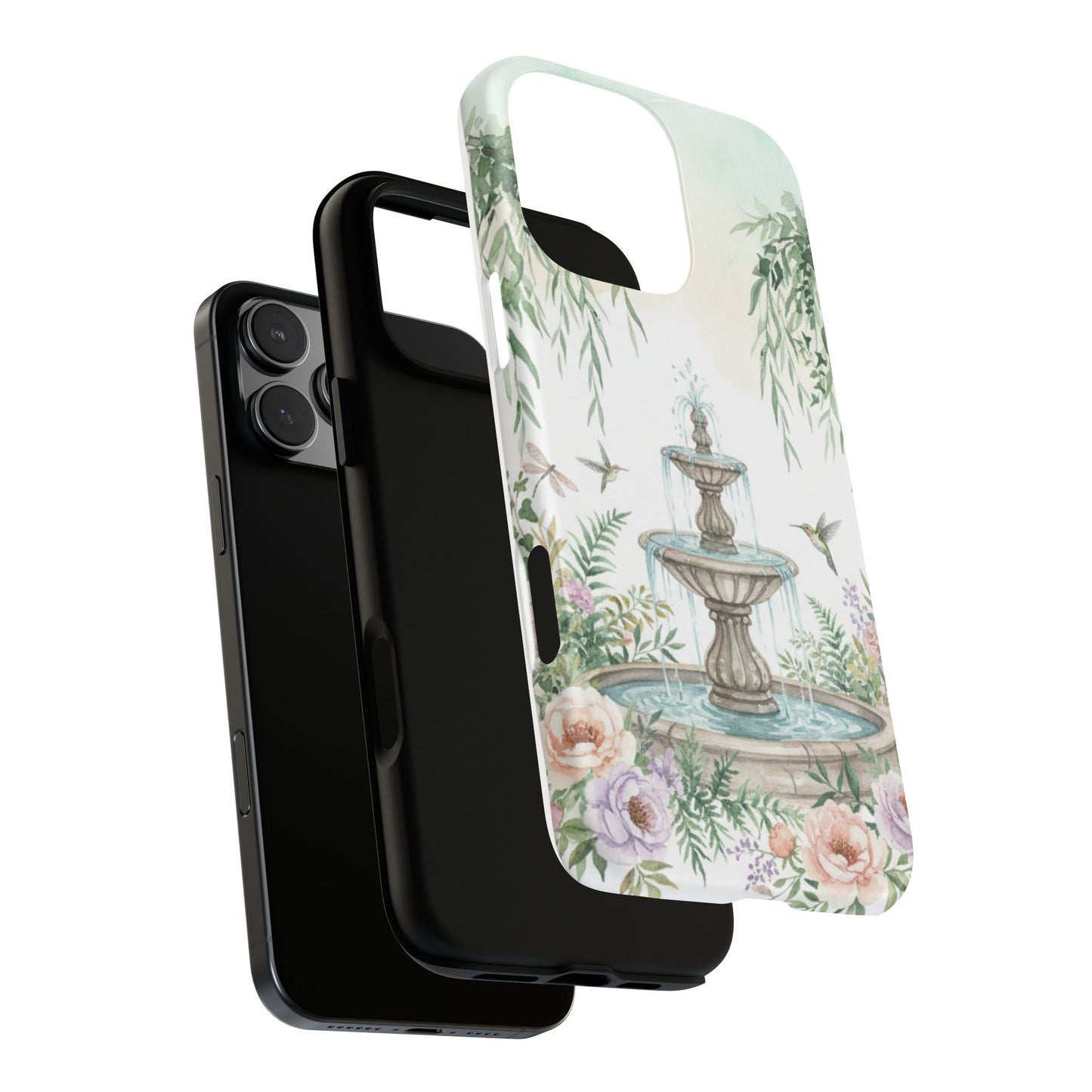 Floral Garden Fountain Phone Case — Pastel Hummingbird Protective Cover