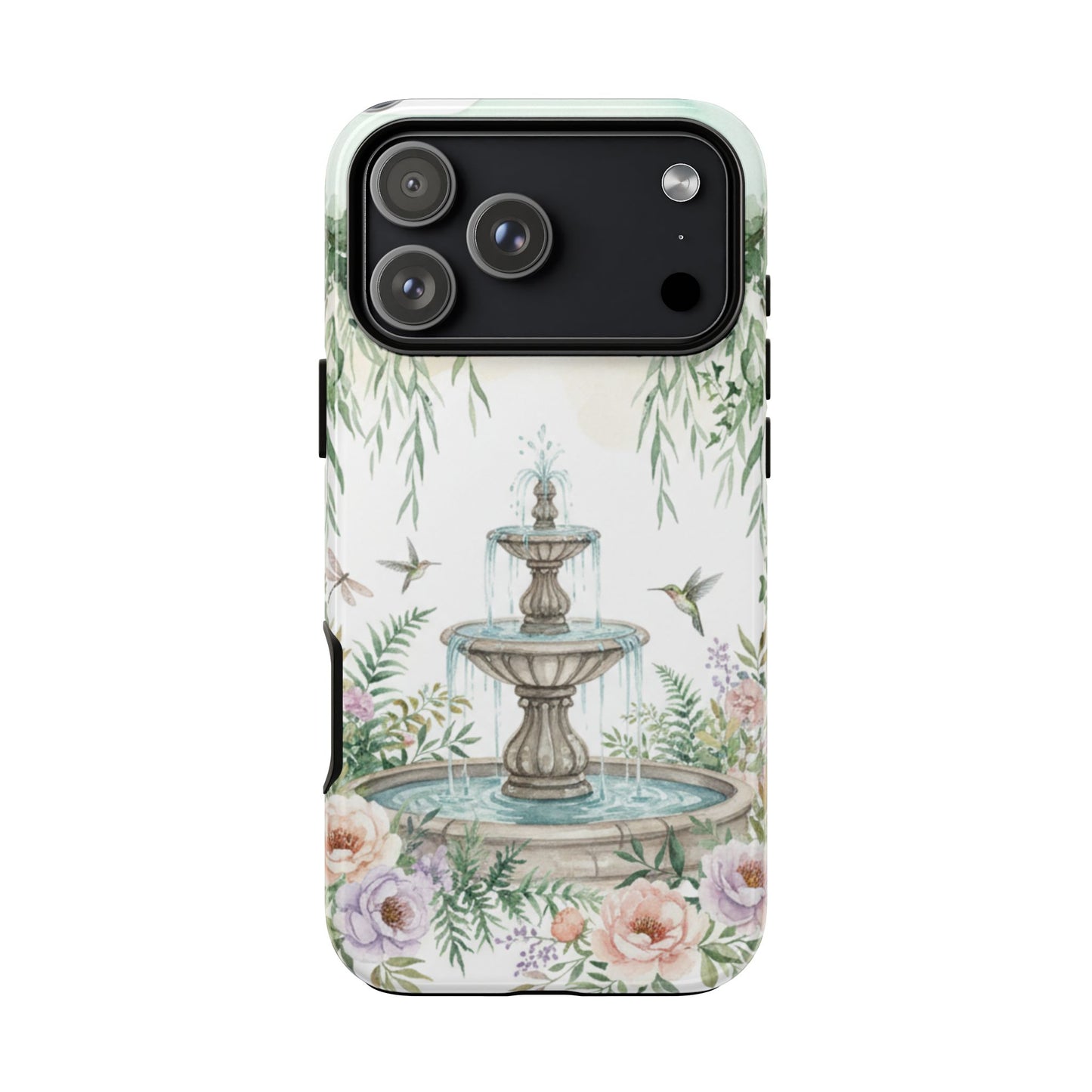 Floral Garden Fountain Phone Case — Pastel Hummingbird Protective Cover